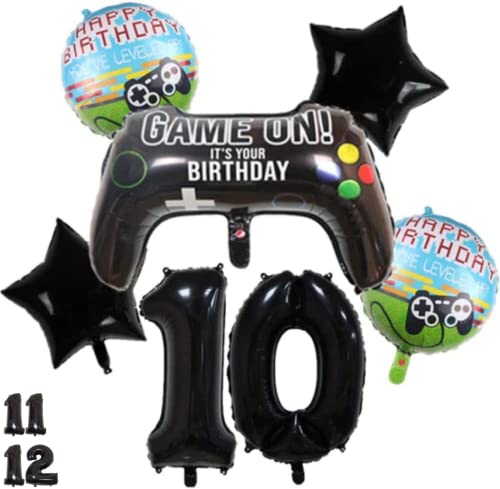 DIWULI großes Gamer Luftballon Set, XL Zahl 10 Zahlen-Ballon schwarz, Gamepad Folien-Ballon Happy Birthday Gaming, 10. Kinder-Geburtstag Junge, LAN-Party, Motto-Party, Dekoration, Folien-Luftballon von DIWULI