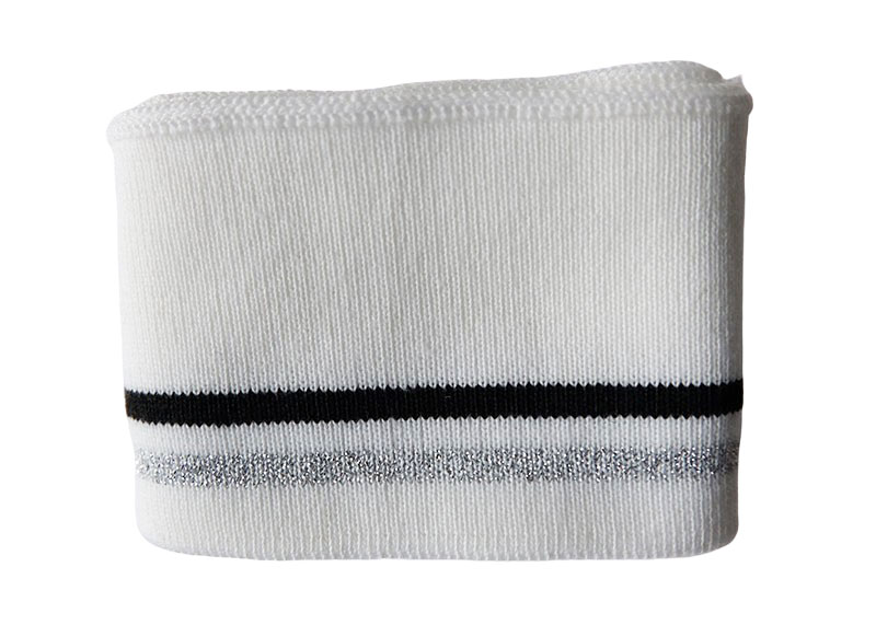 1 Strickbündchen, Collegebündchen in Weiß mit Streifen in Schwarz/Silber, 125 x 6 cm - Weiß 1 Strickbündchen, Collegebündchen in Weiß mit Streifen in Schwarz/Silber, 125 x 6 cm - Weiß