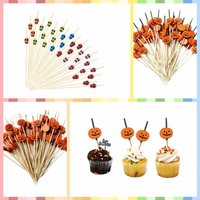 100pcs Natural Material Halloween Pumpkin Bamboo Skewers Smooth Surface Resilient Skull Bamboo Stick Disposable Toothpick