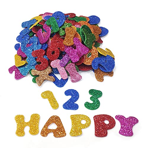 170 Stück Moosgummi Nummer Alphabet Glitter, selbstklebend, Glitter Schaumstoff Sticker, Moosgummi-Aufkleber, zum Dekorieren für Schultüte DIY Handwerk, gemischte Farben von QEEQPF
