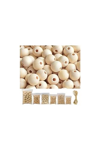 500 Stück Holzperlen zum Basteln, natürliche, runde, unlackierte Holzperlen, 6 Größen, 8 mm, 10 mm, 12 mm, 14 mm, 16 mm, 20 mm mit 10 Meter Jute-Schnur für Makramee-Girlande, Schmuckherstellung, Bauernhaus-De.