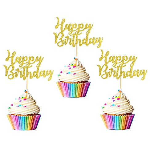 Arthsdite 48 Stück vormontierte Gold Glitter Happy Birthday Cupcake Topper Kuchen Essen Obst Picks für Feier Geburtstag Party Dekoration Supplies von ARTHSDITE