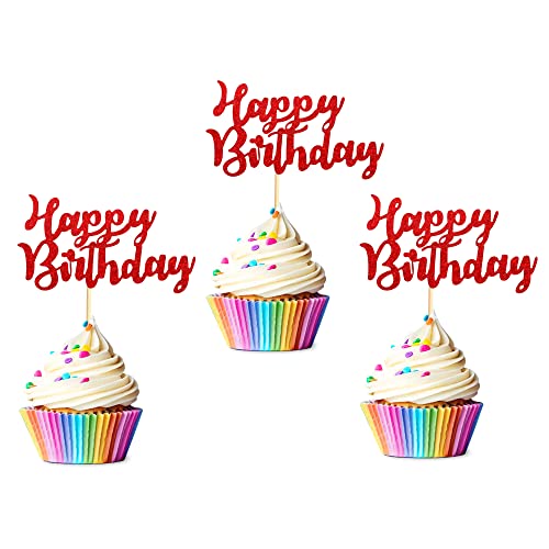 Arthsdite 48 Stück vormontierte rote Glitzer Happy Birthday Cupcake Topper Kuchen Essen Obst Picks für Feier Geburtstag Party Dekoration Supplies von Arthsdite