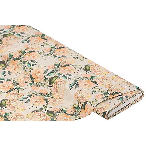 Beschichtetes Baumwollmischgewebe "Rosen & Hortensien", natur-color