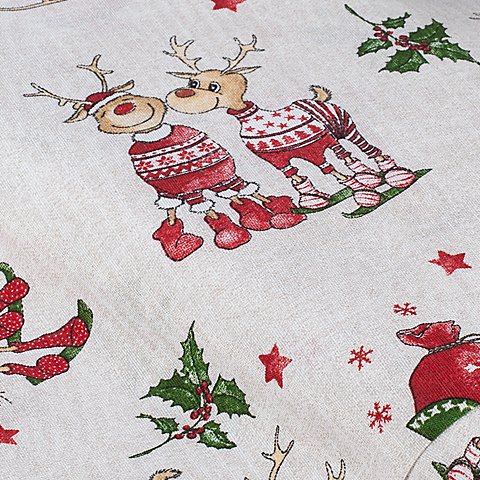 Dekostoff für Weihnachten fröhliche Rentiere "Lorena", natur/rot Dekostoff für Weihnachten fröhliche Rentiere "Lorena", natur/rot