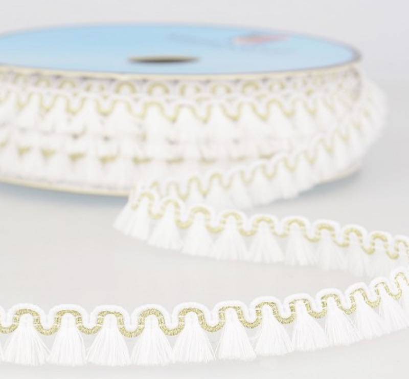 Fransenband mit Bommeln, 17 mm breit, 5 Meter, verschiedene Farben - Weiß