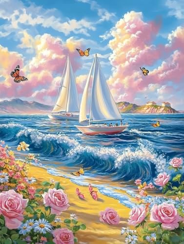 Ginfonr DIY Diamond Art Painting Zubehör Segelboot Set Full, 5D Diamant Painting Meer Bilder Kit Crystal Rhinestone Embroidery Decoration Für Home Wall Décor 30x40 cm8096 von Ginfonr