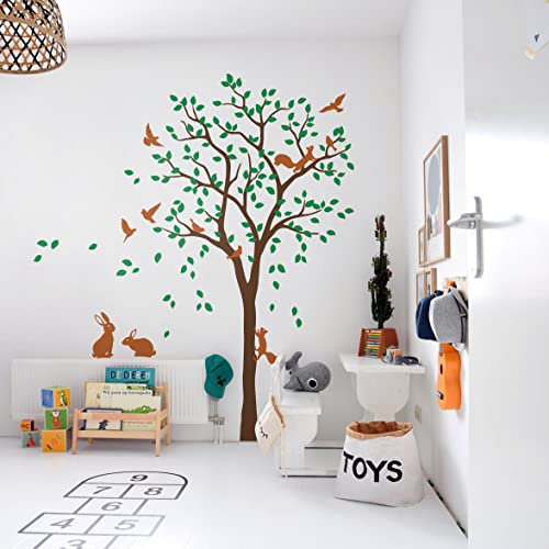 Großer Baum Wandaufkleber mit Vögeln, Eichhörnchen und Kaninchen Hasen Kinderzimmer Wanddekoration 095 (Braun, Hellgrün, Nussbraun) von Studio Quee