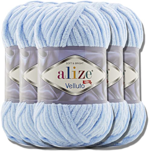 Hobby YARN Alize Velluto 5x 100g Türkische Strickwolle super Bulky Wolle zum Häkeln Uni Farbe Babywolle Flauschgarn Filzwolle Kuschelwolle (Baby Blue | 218) von Hobby Yarn