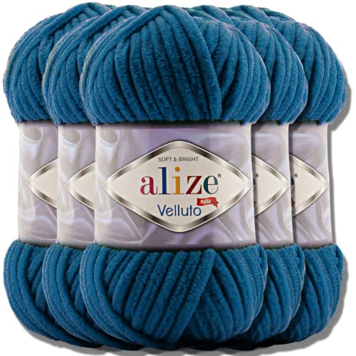 Hobby YARN Alize Velluto 5x 100g Türkische Strickwolle super Bulky Wolle zum Häkeln Uni Farbe Babywolle Flauschgarn Filzwolle Kuschelwolle (Mykonos Blue | 646) von Hobby Yarn