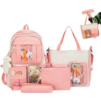 Kawaii Backpack Set 4-pcs Girls School Backpack Shoulder Bag Pencil Bag Waist Bag Set With Cute Pins And Pendants For Girls