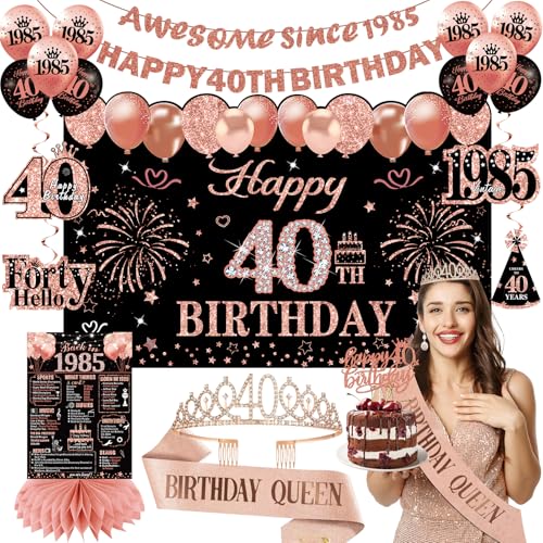 Kircirx 40 Geburtstag Dekorationen für Frauen Schwarz Rosegold 40 Geburtstag Krone und Banner Awesome Since 1985 Banner Hintergrund Luftballons Cake Topper Tischschild Hängend Redemoinh
