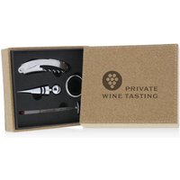 Lasergravierte Korkbox mit 4-teiligem Weinset "PRIVATE WINE TASTING"