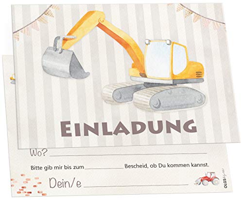 OLGS 12x EINLADUNGSKARTEN zum Kindergeburtstag Baustellen Kinder Party Bagger | Einladung zur Geburtstagsfeier für Jungen | Einladungen Mottoparty Baustelle | Partyeinladungen | Geburtstagseinladungen von Aeuln