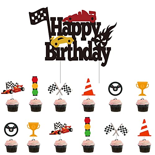 Rennthema Kuchen Einfügung Flagge, Auto Kuchen Einfügung, Party Dekoration Requisiten Zubehör, 13 Stück (1 groß und 12 klein) von YiYaO