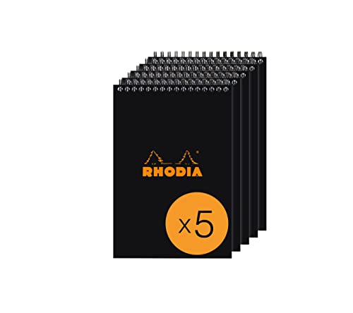 Rhodia 165009C - Packung mit 5 Notizblöcken Notepad, mit Doppelspirale, 80 Blätter kariert 80g, Schwarz, 1 Pack von Rhodia