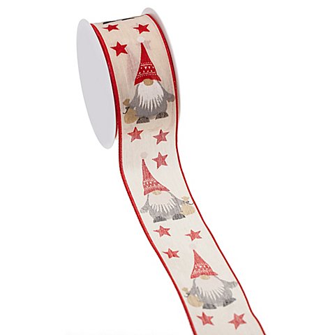 Stoffband "Wichtel", creme-rot, 40 mm, 5 m