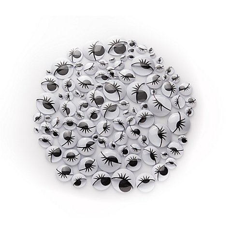 Wackelaugen mit Wimpern, zum Kleben, schwarz-weiß, 7–24 mm Ø, 100 Stück