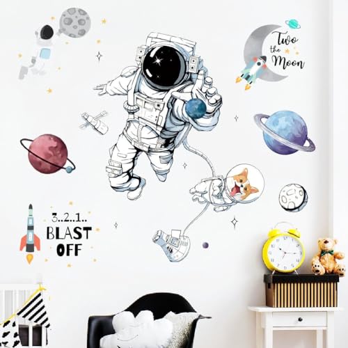 Weltraum Wandtattoo Astronaut Freizeitspaß Wandtattoo Kinder Wandaufkleber Planeten Sonnensystem Astronaut Wandsticker Wanddeko für Kinderzimmer Babyzimmer Jungenzimmer von Nv Wang