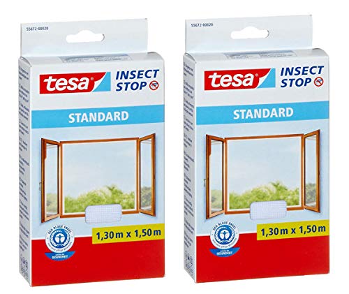 tesa® Fliegengitter Standard Klettband für Fenster 1,3m:1,5m (2er Pack), Weiß (Leichter Sichtschutz)
