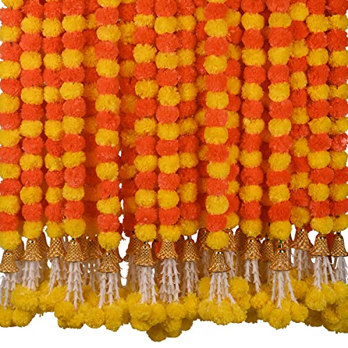 DIYANA IMPEX Ringelblumen-Girlande zur Dekoration, 5 Stück 1,5 m Lange Stränge, künstliche Ringelblumen-Blumen mit Glocke, indisches Dekor für Pooja/Diwali-Dekorationen/Weihnachten (Gelb) (Orange + von DIYANA IMPEX