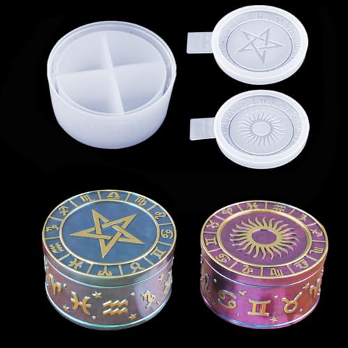 DIYBravo Box Epoxidharz Formen Dose Schale mit 2 Deckel Silikonformen, Runde Aufbewahrungsbox Epoxidharz Gussformen mit 12 Konstellations Symbolen Für DIY Schmuckbox von DIYBravo