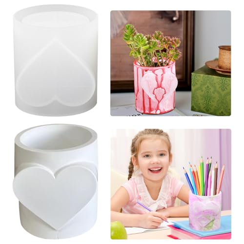 DIYBravo Epoxidharz Silikonform Kerzenhalter Zylinder Blumentopf mit Herz, Resin Formen Vase Stifthalter Flasche Dose Ornamente für Valentine Zuhause Büro Dekoration, XQM4158A von DIYBravo