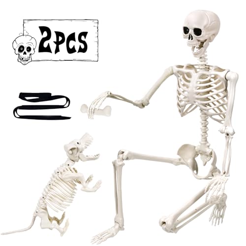 165cm Halloween Bewegliches Skelett mit Hund, Ganzkörper Hunde Lebensgroßes Skelett Realistische Menschliche Skelette mit beweglichen Gelenken für Halloween Outdoor Party Dekoration von DIYDEC