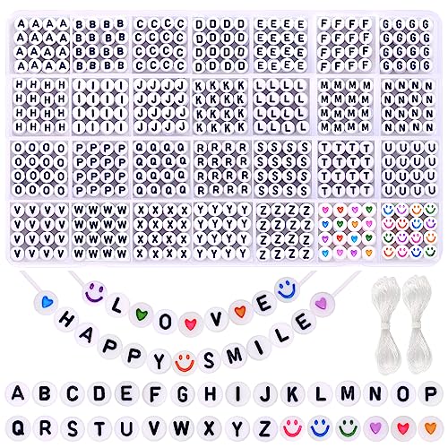 DIYDEC 1400 Stück Acryl Alphabet Buchstabe Perlen Armband 7mm Runde Spacer bunte Smiley Herz Perlen für Schmuck machen Armbänder Halsketten Schlüsselanhänger DIY Crafts von DIYDEC