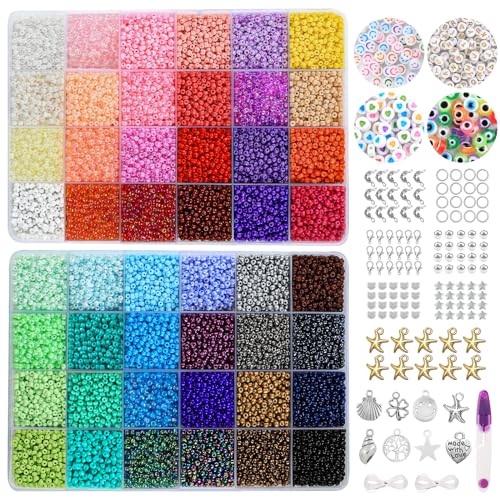DIYDEC 18000 Stück Perlen für Armbänder, 48 Bunte Rocailles Set Mini Perlen zum Auffädeln Mit Buchstaben für Schmuckherstellung DIY Halsketten Handwerk von DIYDEC