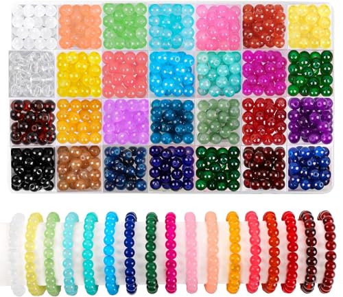 DIYDEC 504 Stück 8mm Bunte Glasperlen zum Basteln, 28 Farben runde Bunte Basteln Perlen Schmucksteine mit Loch für die Herstellung von Schmuck Armbänder DIY Handwerk von DIYDEC