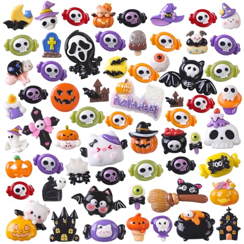 DIYDEC 62 Stück Halloween-Harz-Anhänger, Mini-Harz-Schleim-Figuren, Charms für Schmuckherstellung, Miniatur, flache Rückseite, Bastelornamente für Kinder, Halloween, Partyzubehör, Basteldekoration von DIYDEC