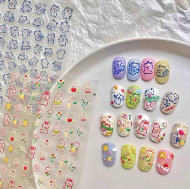 Kawaii Nagel Aufkleber, Süße Kaninchen Bär 5D Geprägte Nägel, Nail Art Aufkleber von DIYDesignerArt