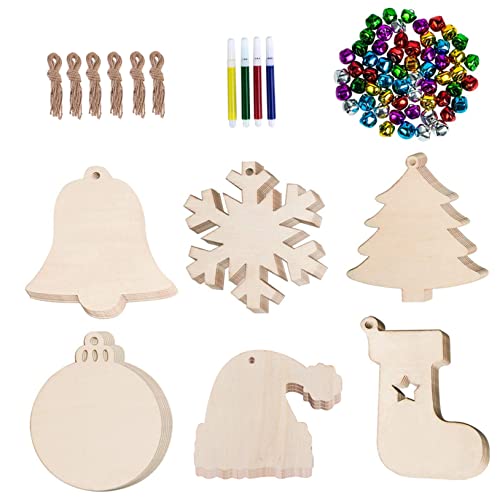 DIYEAH 114 Stück Teiliges Weihnachts Diy Holzanhänger Set Nachhaltige Holzstreuteile mit Motiven Blanke Bastelrohlinge Glöckchen und Bunten Filzstiften Kreative von DIYEAH