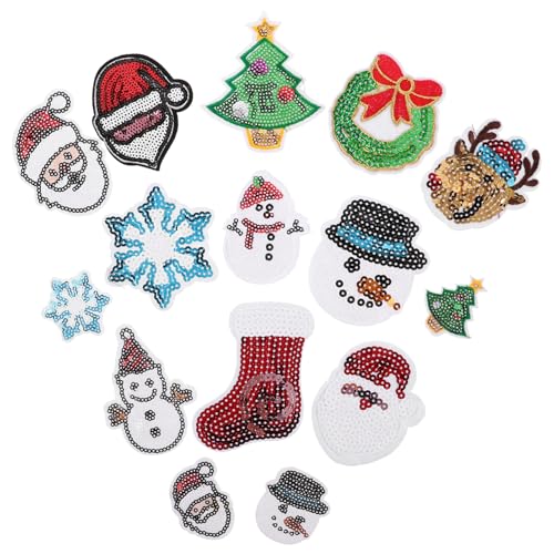 DIYEAH 15 Stück Teiliges Weihnachtsstickerei Set mit Pailletten Aufbügelbare Nähen Geeignete Applikationen Rentier Schneeflocke Schneemann und Santa für Diy Kleidung Rucksäcke und von DIYEAH