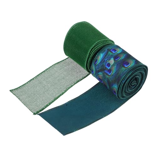 DIYEAH 2 Stück Grüne Dekobänder mit Drahtkante Polyester Schleifenband mit Pfauenmuster Breit für Geschenkverpackung Blumensträuße Diy Kränze und Festliche Dekorationen von DIYEAH