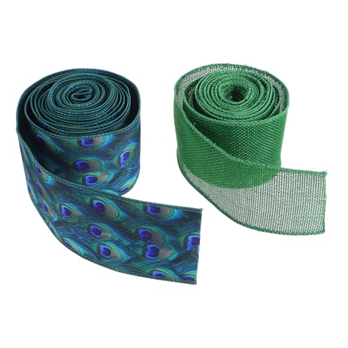 DIYEAH 2 Stück Teiliges Grünes Polyester Dekoband mit Drahtkante Breit Peacock Muster Vielseitig für Weihnachtskränze Große Schleifen Geschenkverpackungen und Wohnaccessoires von DIYEAH