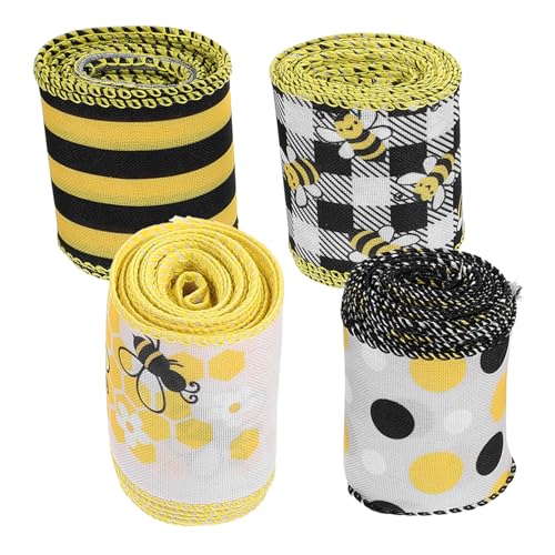 DIYEAH 4 Rollen Bunte Geschenkband mit Bienenmuster Strapazierfähiges Polyester dekoband für DIY Basteln Geschenkverpackung Partydeko Vielseitiges Langlebiges Bastelband von DIYEAH
