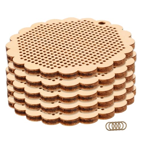 DIYEAH 5 Stück Ornamente aus Holzspänen schmücken runden Dekoration kreuzen Stickerei Stich Chip Basteln handgefertigtes Lesezeichen Anhänger-Ornament Rohling zur Schmuckherstellung Beige von DIYEAH