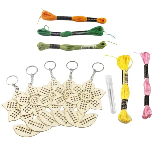 DIYEAH 5 Stück Teiliges Holz Kreuzstich Set Sonnenblume Diy Schlüsselanhänger Bastelset Hochwertigem Holz Zufällige Garnfarbe für Kreative Handarbeiten und Zufällige Farbe von DIYEAH