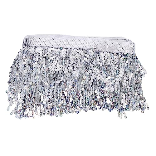 DIYEAH Paillettenbesetzte Bärtige Spitze Glitzerband Maschenrock Lametta Rock Funkelnder Rock Rave-outfit Pailletten-spitzenbesatz Hüfttuch Für Bauchtanz Kostüm Polyestergarn Silver von DIYEAH