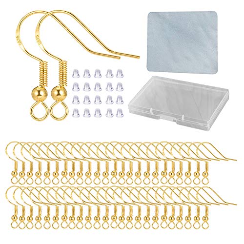 Hypoallergene Gold-Ohrringhaken – 120 Stück/60 Paar, 18 Karat Gold, nickelfrei, Ohrdraht, Fischhaken für Schmuckherstellung, Schmuckzubehör, Teile mit 120 Stück Gummi-Ohrring-Verschlüssen, Stopper für von DIYEAR
