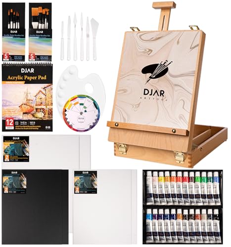 DJAR Acryl-Malset mit Aufbewahrungsbox, inklusive Tischstaffelei, Acrylfarbe, Leinwand, 24-farbiges Acrylfarben-Set für Erwachsene, Künstler, Anfänger von DJAR