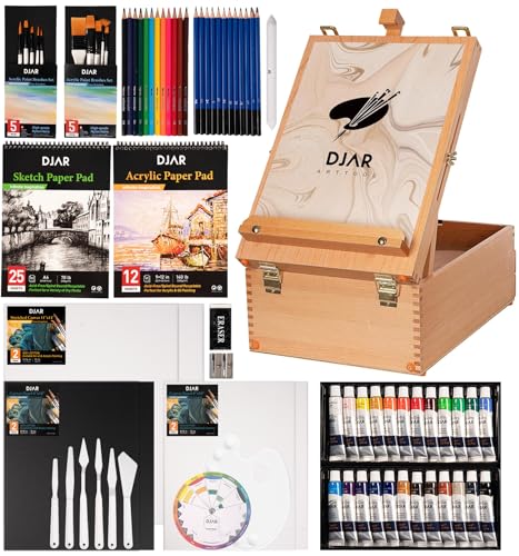 DJAR Acrylfarben-Set für Erwachsene mit Aufbewahrungsbox, 79-teilig, professionelles Malzubehör mit Tischstaffelei, Acrylfarbe, Leinwand und 24 Farben für Künstler und Anfänger von DJAR