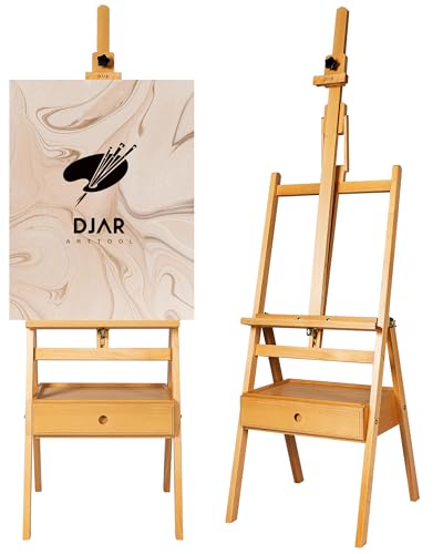 DJAR Große Kunst-Staffelei mit H-Rahmen, Holzstaffelei mit Schublade, verstellbar bis 190,5 cm hoch, massives Buchenholz, Malstaffelei für Erwachsene, Studenten, hält Leinwände bis 91 cm, Natur von DJAR