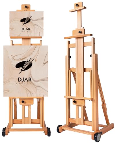 DJAR Große Studio-Staffelei mit H-Rahmen, vielseitig, verstellbar, Buchenholz, Kunststaffelei zum Malen, beweglich und neigbar, robuster Bodenständer für Künstler, hält 1 oder 2 Leinwände, Natur von DJAR