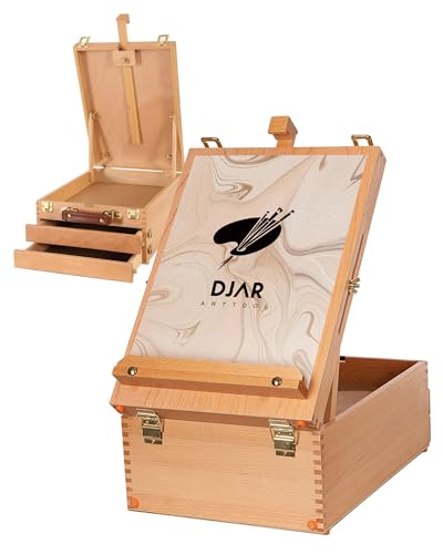 DJAR Große Tischstaffelei mit 3 Schubladen, verstellbare Schreibtischstaffelei aus Buchenholz zum Malen, tragbare Skizzenbox aus Holz für Leinwand, Zeichnen, Kunstbedarf, Erwachsene, Anfänger, Natur von DJAR