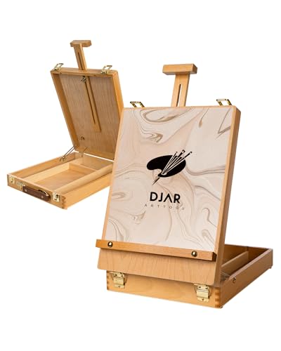 DJAR Tischstaffelei zum Bemalen von Leinwand, massives Buchenholz, Tischstaffelei, verstellbare Skizzenbox Desktop-Staffelei, Kunstbedarf-Aufbewahrungsbox für Erwachsene, Künstler und Studenten, Natur von DJAR