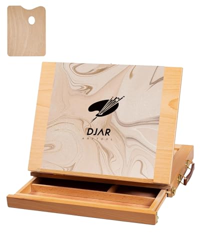 DJAR Verstellbare Kunst-Tischstaffelei mit Schublade, massives Buchenholz, Tisch-Skizzenbox, tragbare Künstler-Desktop-Holzstaffelei mit Aufbewahrungsbox für Studenten Anfänger von DJAR