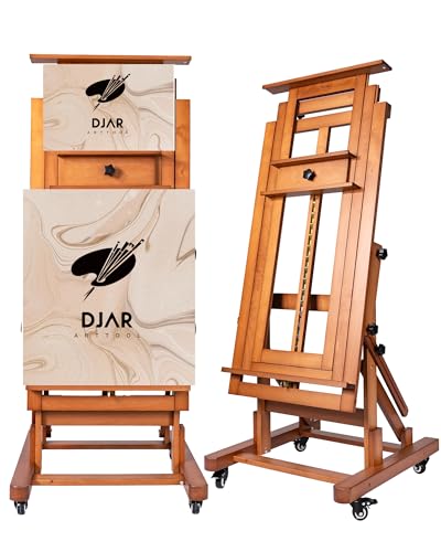 DJAR Verstellbarer großer H-Rahmen-Kunst-Staffeleiständer, für 1 oder 2 Leinwände bis zu 200,7 cm, massives Buchenholz, Malstaffelei für Erwachsene, beweglich, robust, neigbar, flach, Holz, von DJAR